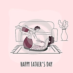 Happy Father`s Day Concept With Doodle Style Man Playing His Son At Mat On Pink Interior