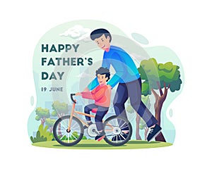 Happy Father`s Day concept with A father is teaching his son to ride a bicycle in the park