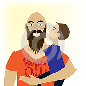 Happy Father`s Day. Dad holding his son. Vector illustration. Fl