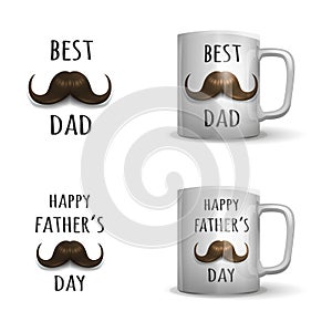 Happy Father`s day. Example handmade calligraphy with mustache on mug for gift.