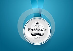 Happy Father`s day gift card, medal paper to the best on blue light background