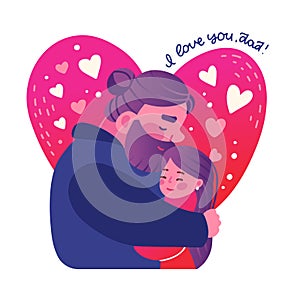 Happy father's day greeting card. Dad happily holds his daughter in heart shape background. Daddy and his girl