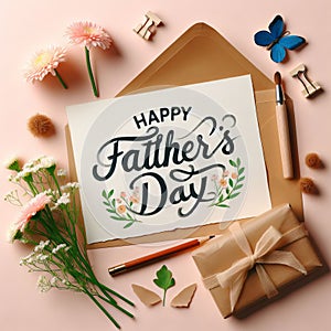 Happy Father\'s Day Greeting Card with flowers Flat Lay Top View Concept