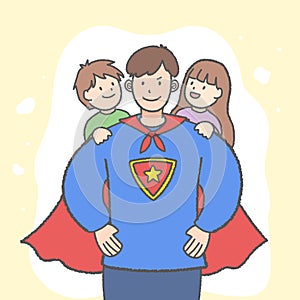 Happy Father\'s Day greeting card with Superman father illustration of son and daughter