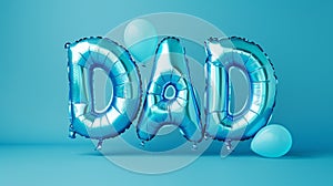Happy Father\'s Day. Greeting cards, the word DAD from blue balloons on a blue one-tone background photo