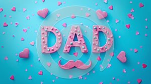 Happy Father\'s Day. Greeting cards, word DAD from pink tree on blue one-tone background with hearts photo