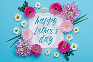 Happy Father`s day Pastel Candy Colours Background. Floral Father day flat lay.