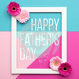 Happy Father`s day Pastel Candy Colours Background. Floral flat lay minimalism geometric patterns Father day greeting card.