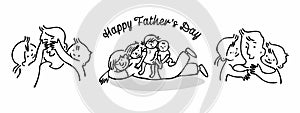 Happy father`s day. Portrait of a happy family. Father and his children. Children play with father. Sketches in cartoon style.