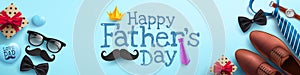 Happy Father`s Day poster or banner template with necktie,glasses and gift box
