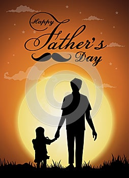 Happy Father`s Day, silhouette of a father holding Daughter.full moon background