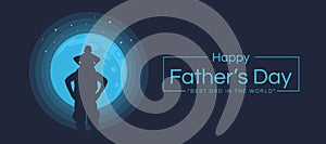 Happy father`s day with Silhouette son is riding his father is neck and see full blue moon at night time vector design
