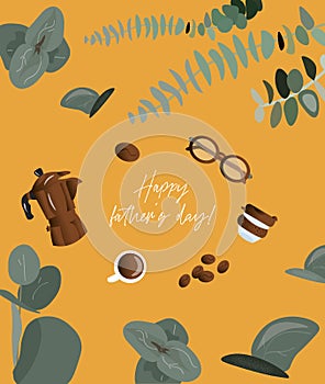 Happy father`s day! Trendy greeting card for dad with glasses, coffee maker, coffee grains and keep cup on a bright yellow