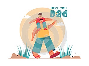 Happy father`s day vector illustration abstract creative concept design with modern character, Happy father and his son sitting o photo
