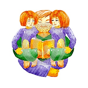 Happy father`s day. Watercolor illustration of father hugging his twins daughter reading them a book.  Template for cards and