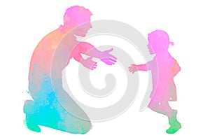 Happy father`s day wiht clipping path. Watercolor of father and his kid together. Happy family. Digital art painting
