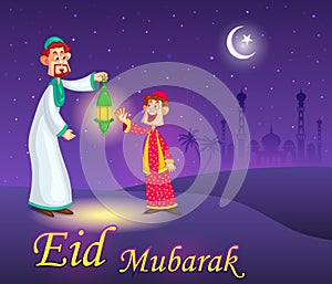 Happy father and son with fanoos for Eid