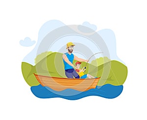 Happy father and son fishing in boat spending time together. Smiling family dad boy enjoying summer outdoor activity. Male parent