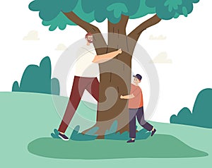 Happy Father and Son Hugging, Love Tree, Playing Hide and Seek and Run around. Family Characters Outdoor Recreation