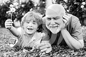 Happy father and son on meadow in summer. Grandfather and grandson Playing - Family Time Together. Grandfather with son