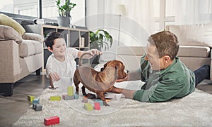 Happy father and son playing with dog at home