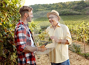 Happy father vintner showing grapes to son