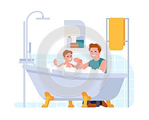 Happy father washes his baby. Body hygiene routine. Family bathing. Home interior. People taking bath. Daddy care. Child