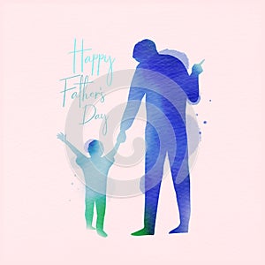 Happy fatherr`s day. Happy family son holding dad`s hand silhouette plus abstract watercolor painted.Double exposure illustration.