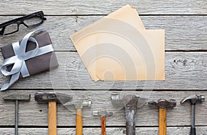 Happy Fathers Day background, card on rustic wood with repair tools