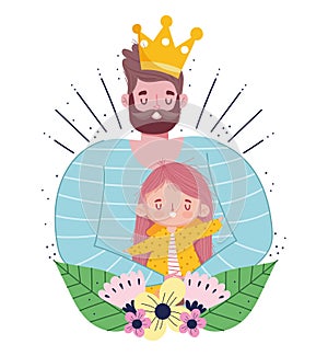 Happy fathers day, bearded dad with crown holding daughter in hands