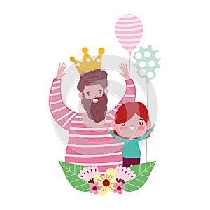 Happy fathers day, bearded man wearing crown with her son with balloon