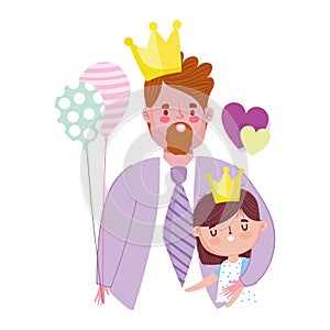 Happy fathers day, bearded man wearing crown with her son with balloon