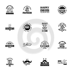 Happy fathers day 16 Black typography set. Vector emblems. Lettering for greeting cards. banners. t-shirt design. You are the best