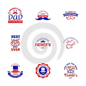 Happy fathers day 9 Blue and red Typography set. Vector typography. Vintage lettering for greeting cards. banners. t-shirt design