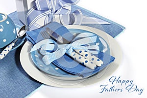 Happy Fathers Day blue theme table setting with gift