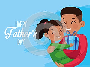Happy fathers day card with afro dad carring daughter