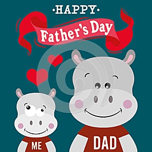 Happy fathers day card with cute hippo family