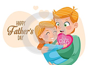 Happy fathers day card with dad carring daughter