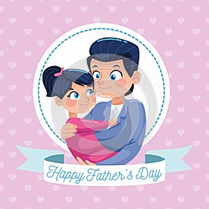 Happy fathers day card with dad carring daughter in circular frame