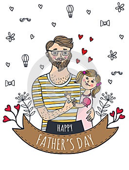Happy Fathers day card with dad and daughter