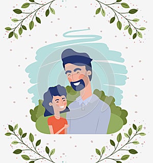Happy fathers day card with dad and daughter characters