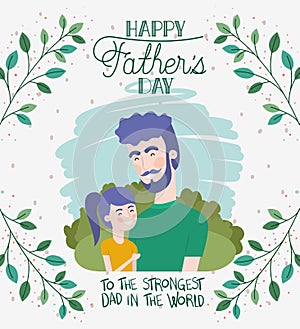 Happy fathers day card with dad and daughter characters