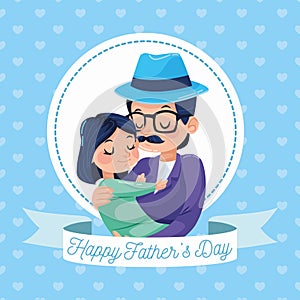 Happy fathers day card with hipster dad carring daughter frame