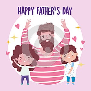 Happy fathers day, celebrating dad with son and daughter hearts cartoon