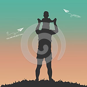 Happy Fathers Day concept with silhouette of father and his son. Template for greeting card, flyer, banner, invitation,