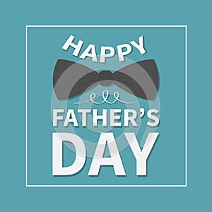 Happy fathers day. Greeting card with big black neck bow tie. Square line frame. Blue background. Flat design.