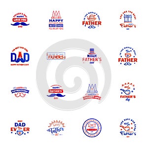 Happy Fathers day greeting hand lettering badges 16 Blue and red Typo. isolated on white. Typography design template for poster.