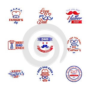 Happy Fathers day greeting hand lettering badges 9 Blue and red Typo. isolated on white. Typography design template for poster.