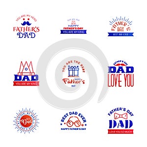 Happy fathers day set 9 Blue and red. Vector typography. Vintage lettering for fathers day greeting cards. banners. t-shirt design