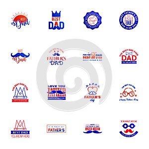 Happy fathers day set 16 Blue and red. Vector typography. Vintage lettering for fathers day greeting cards. banners. t-shirt